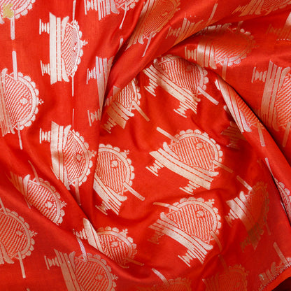 Orange Handwoven Pure Katan Silk Banarasi Paalki Fabric - Khinkhwab