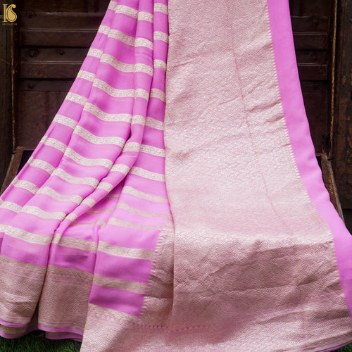 Baby Pink Pure Georgette Handloom Banarasi Stripes Saree - Khinkhwab