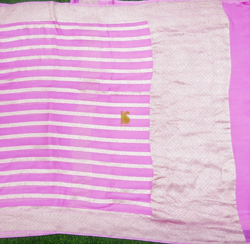 Baby Pink Pure Georgette Handloom Banarasi Stripes Saree - Khinkhwab