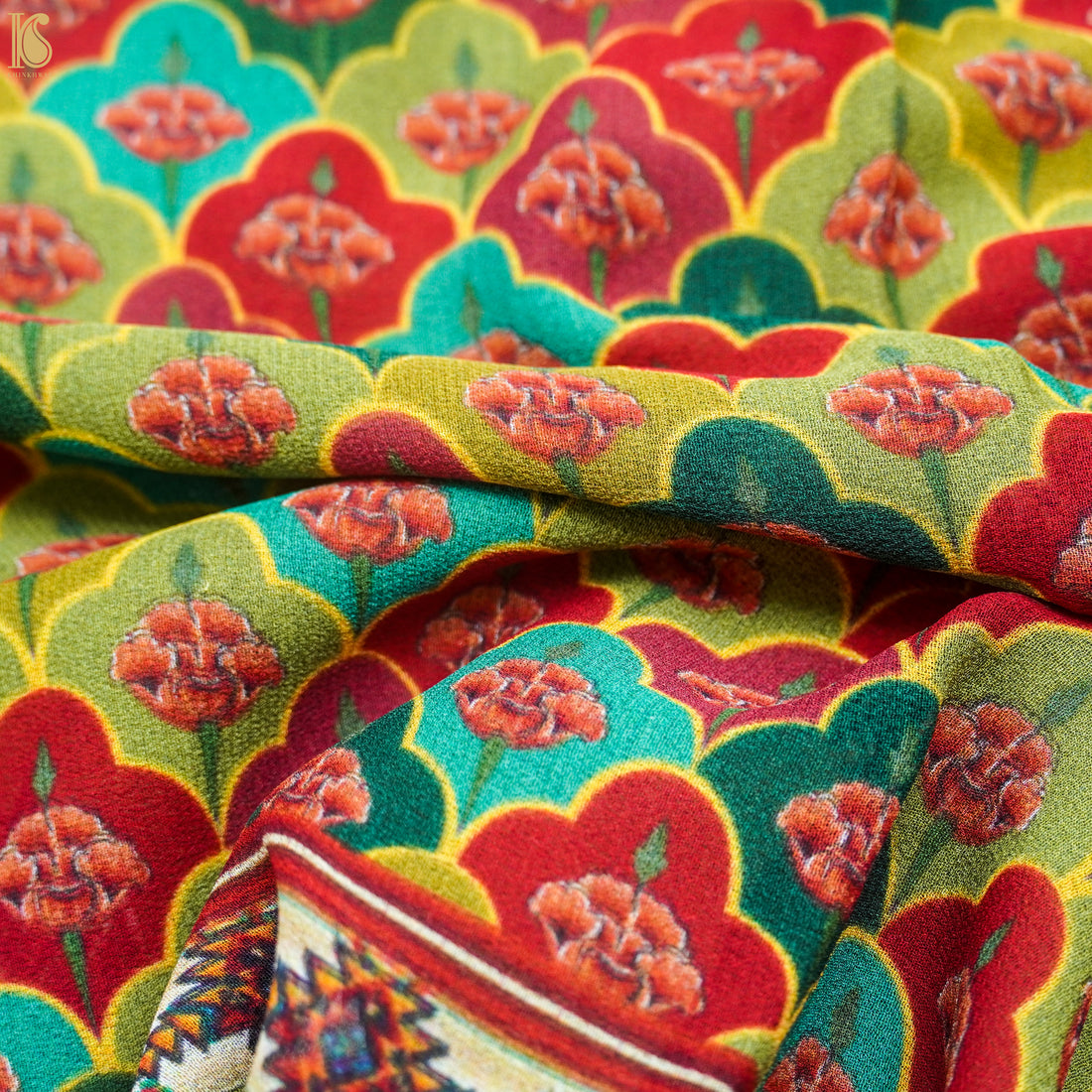 Multicolor Pure Georgette Print Handloom Saree - Khinkhwab