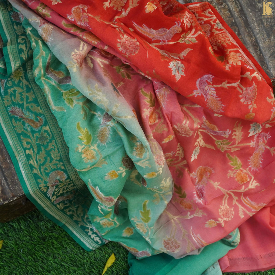 Pure Georgette Banarasi Hand Brush Birds Dupatta - Khinkhwab