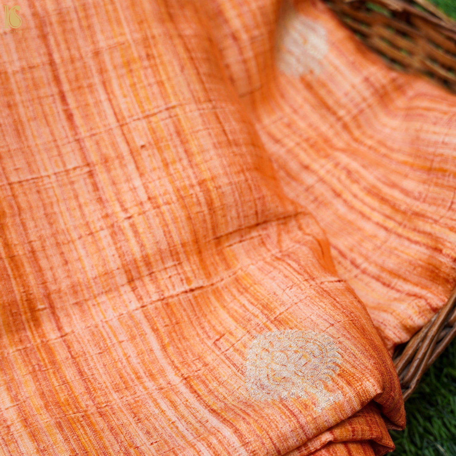 Orange Pure Raw Silk Banarasi Fabric with Woven Boota - Khinkhwab
