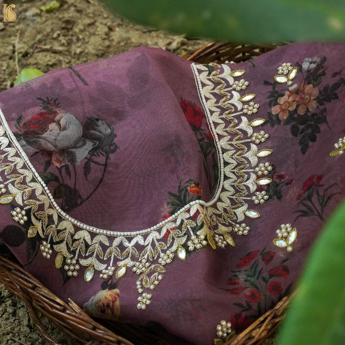 Pure Organza Silk Print Blouse Fabric with Embroidery - Khinkhwab