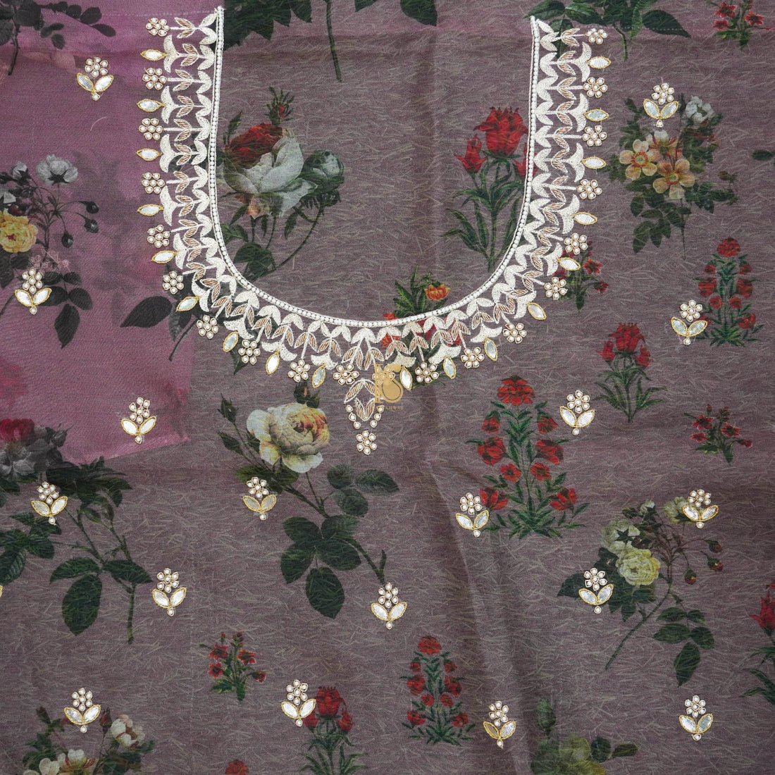 Pure Organza Silk Print Blouse Fabric with Embroidery - Khinkhwab