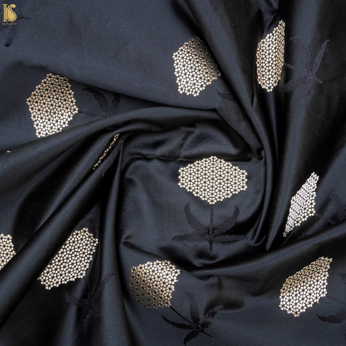 Handwoven Ebony Black Pure Mashru Silk Kadwa Banarasi Fabric - Khinkhwab