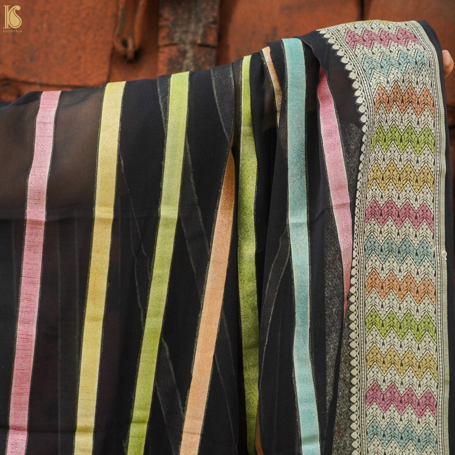 Black Pure Georgette Handloom Banarasi Stripes Dupatta - Khinkhwab