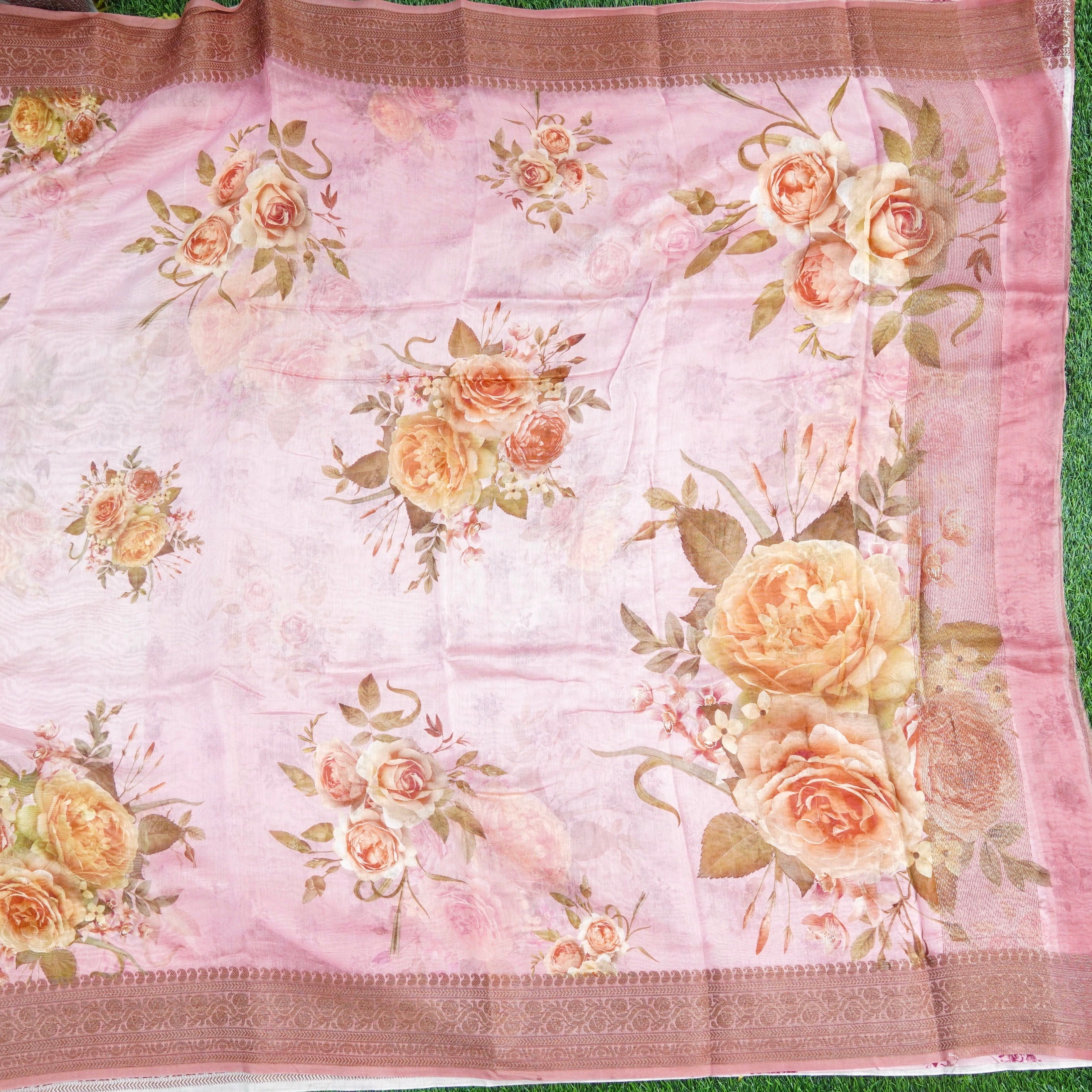 Pink Pure Cotton Print Floral Saree with Banarasi Border - Khinkhwab