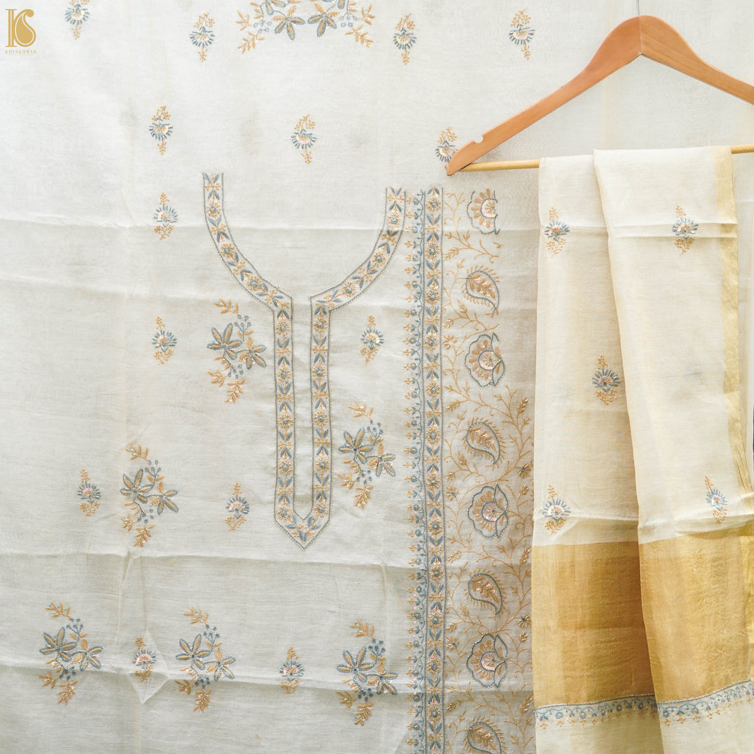 Beige Chikankari Pure Handloom Tissue Chanderi Silk Fabric Set - Khinkhwab