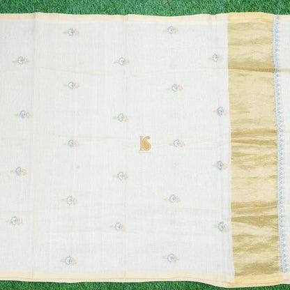 Beige Chikankari Pure Handloom Tissue Chanderi Silk Fabric Set - Khinkhwab