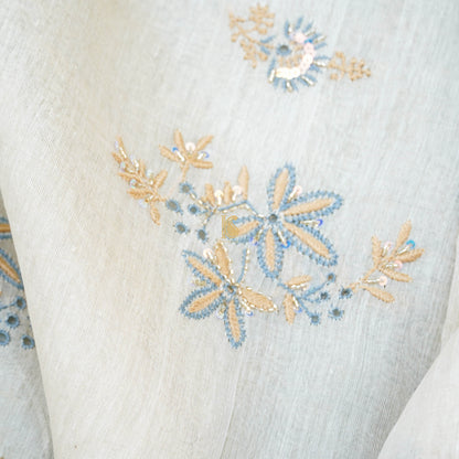 Beige Chikankari Pure Handloom Tissue Chanderi Silk Fabric Set - Khinkhwab