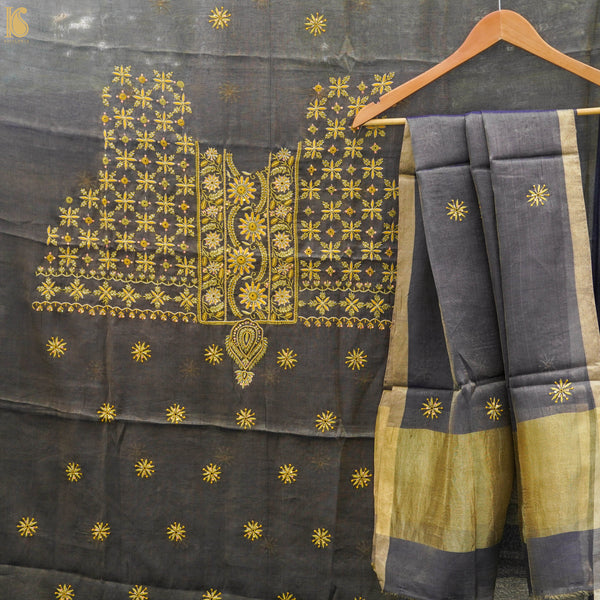 Grey Chikankari Pure Handloom Tissue Chanderi Silk Fabric Set - Khinkhwab