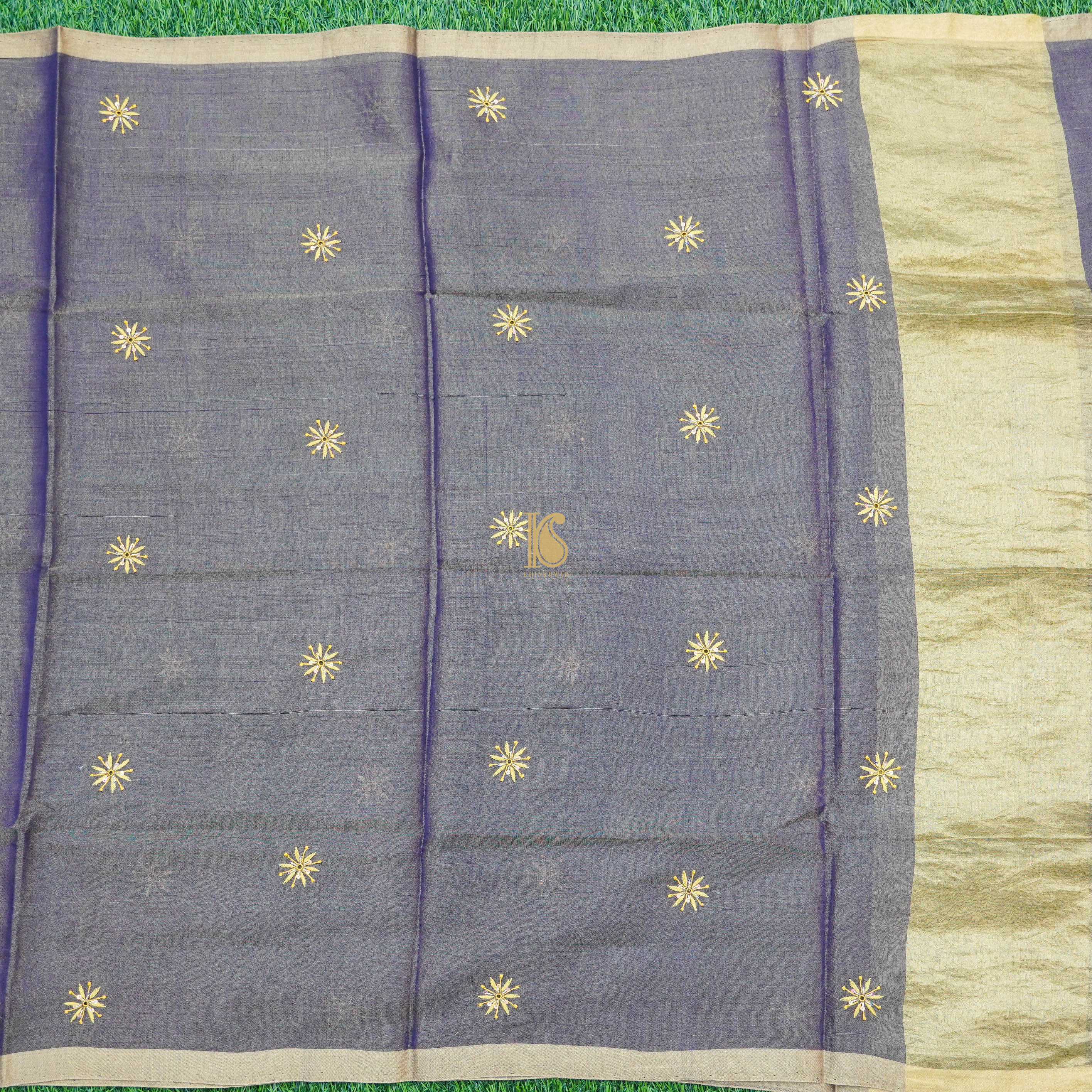 Grey Chikankari Pure Handloom Tissue Chanderi Silk Fabric Set - Khinkhwab