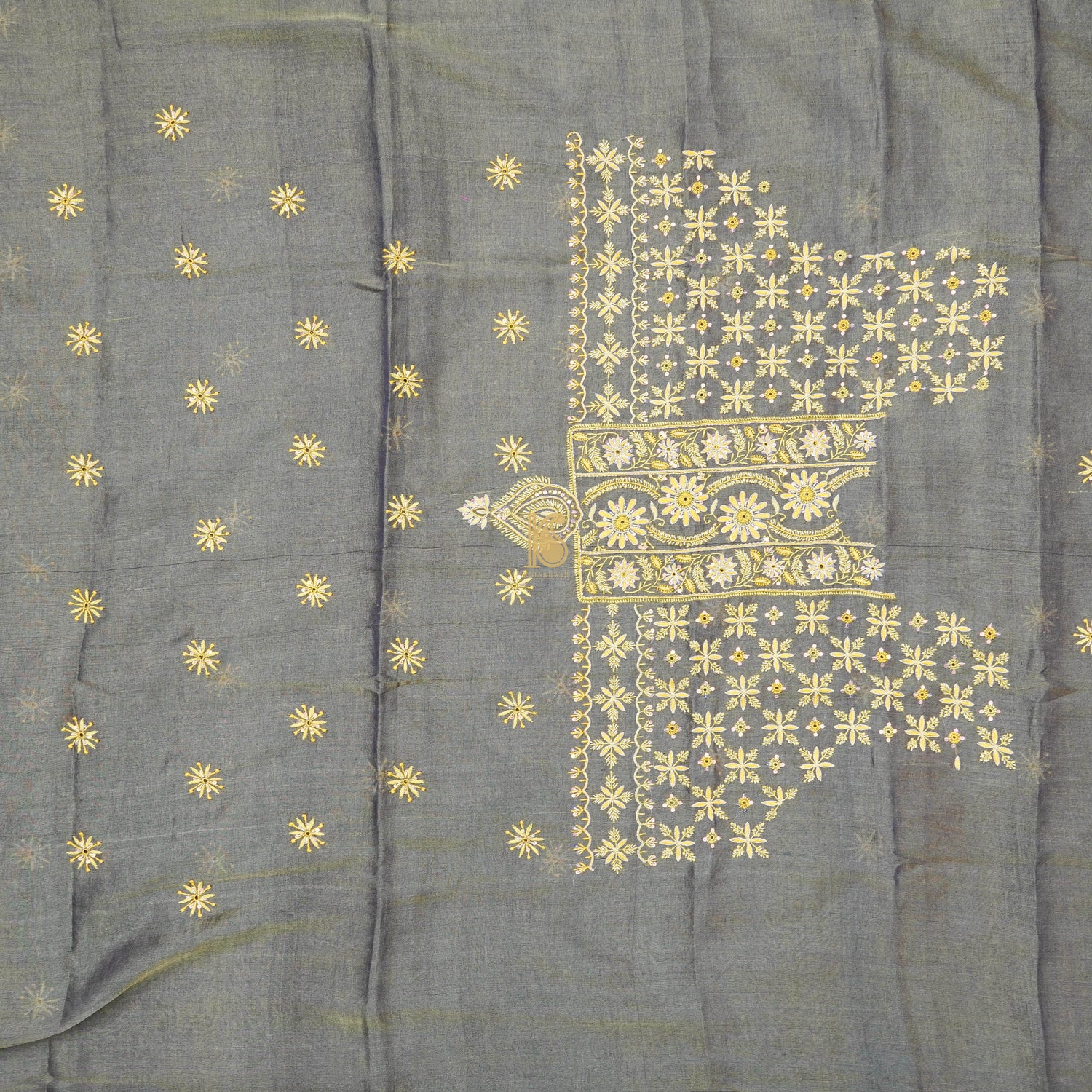Grey Chikankari Pure Handloom Tissue Chanderi Silk Fabric Set - Khinkhwab