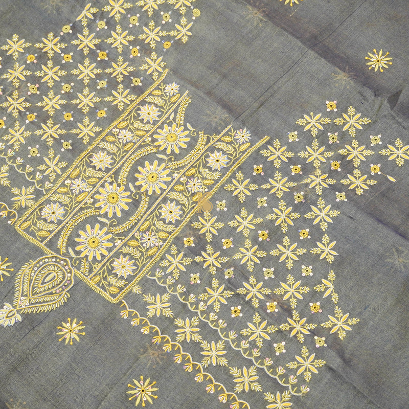 Grey Chikankari Pure Handloom Tissue Chanderi Silk Fabric Set - Khinkhwab