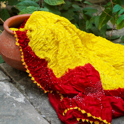 Yellow &amp; Red Pure Gajji Silk Handwoven Bandhani Blouse Fabric - Khinkhwab