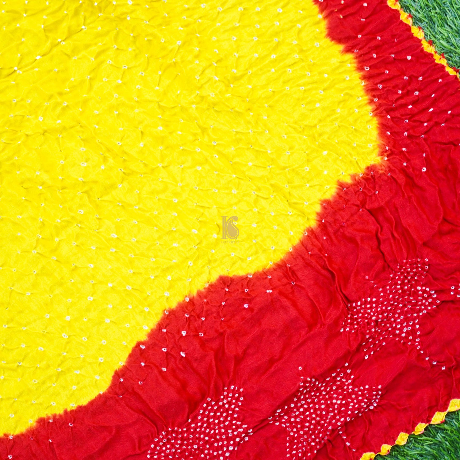 Yellow &amp; Red Pure Gajji Silk Handwoven Bandhani Blouse Fabric - Khinkhwab