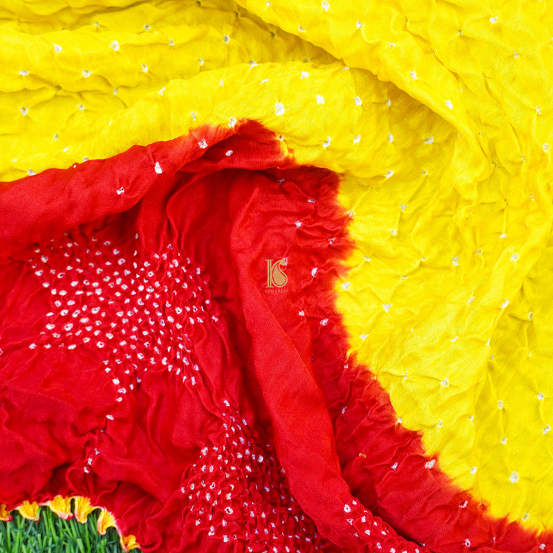 Yellow & Red Pure Gajji Silk Handwoven Bandhani Blouse Fabric - Khinkhwab