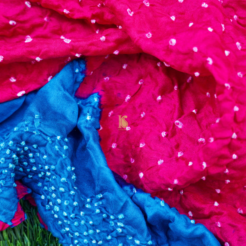 Blue & Pink Pure Gajji Silk Handwoven Bandhani Blouse Fabric - Khinkhwab