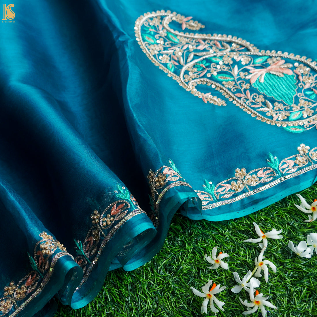 Handwoven Cerulean Blue Pure Georgette Organza Embroidery Saree - Khinkhwab