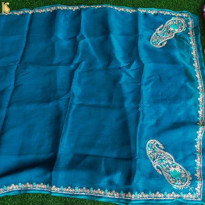 Handwoven Cerulean Blue Pure Georgette Organza Embroidery Saree - Khinkhwab