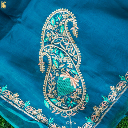 Handwoven Cerulean Blue Pure Georgette Organza Embroidery Saree - Khinkhwab