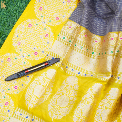 Grey & Yellow Pure Kora Handloom Banarasi Check Saree - Khinkhwab