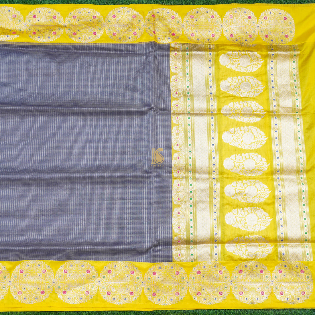 Grey &amp; Yellow Pure Kora Handloom Banarasi Check Saree - Khinkhwab