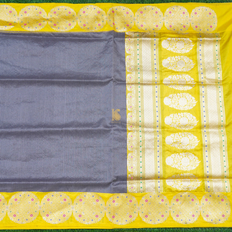 Grey & Yellow Pure Kora Handloom Banarasi Check Saree - Khinkhwab