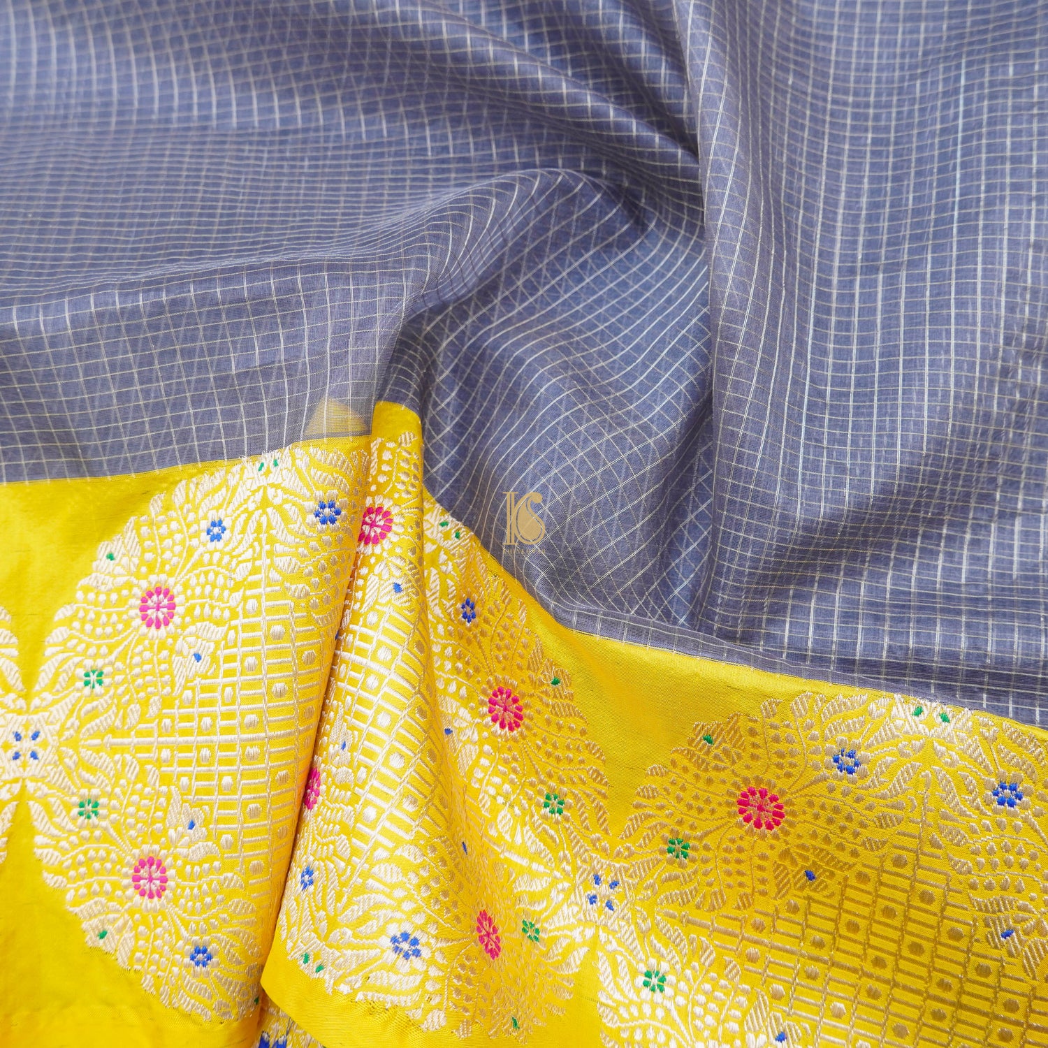 Grey &amp; Yellow Pure Kora Handloom Banarasi Check Saree - Khinkhwab