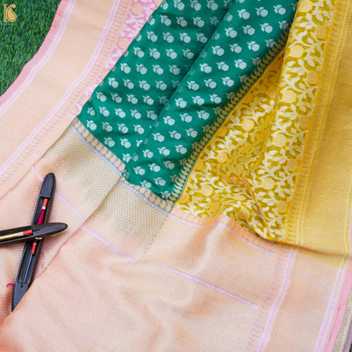 Green Pure Katan Silk Handloom Banarasi Saree with Kora Border - Khinkhwab