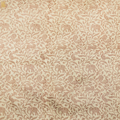 Beige Pure Katan Silk Banarasi Handloom Shikargah Fabric - Khinkhwab