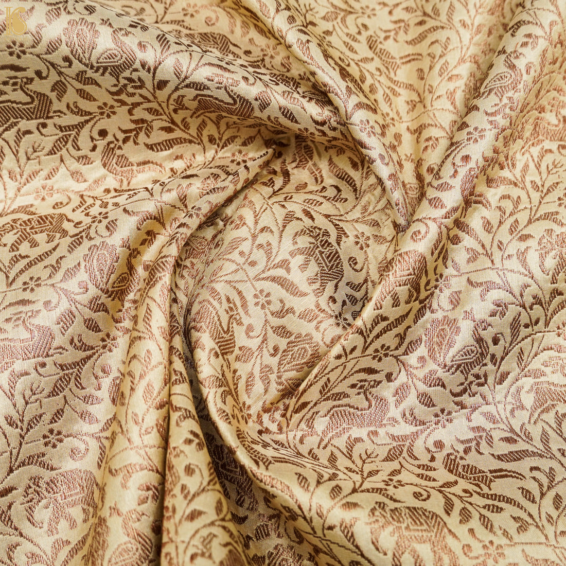 Beige Pure Katan Silk Banarasi Handloom Shikargah Fabric - Khinkhwab