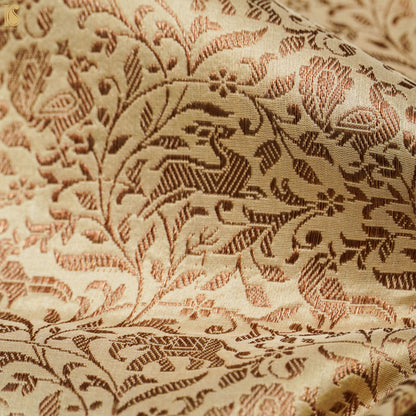Beige Pure Katan Silk Banarasi Handloom Shikargah Fabric - Khinkhwab
