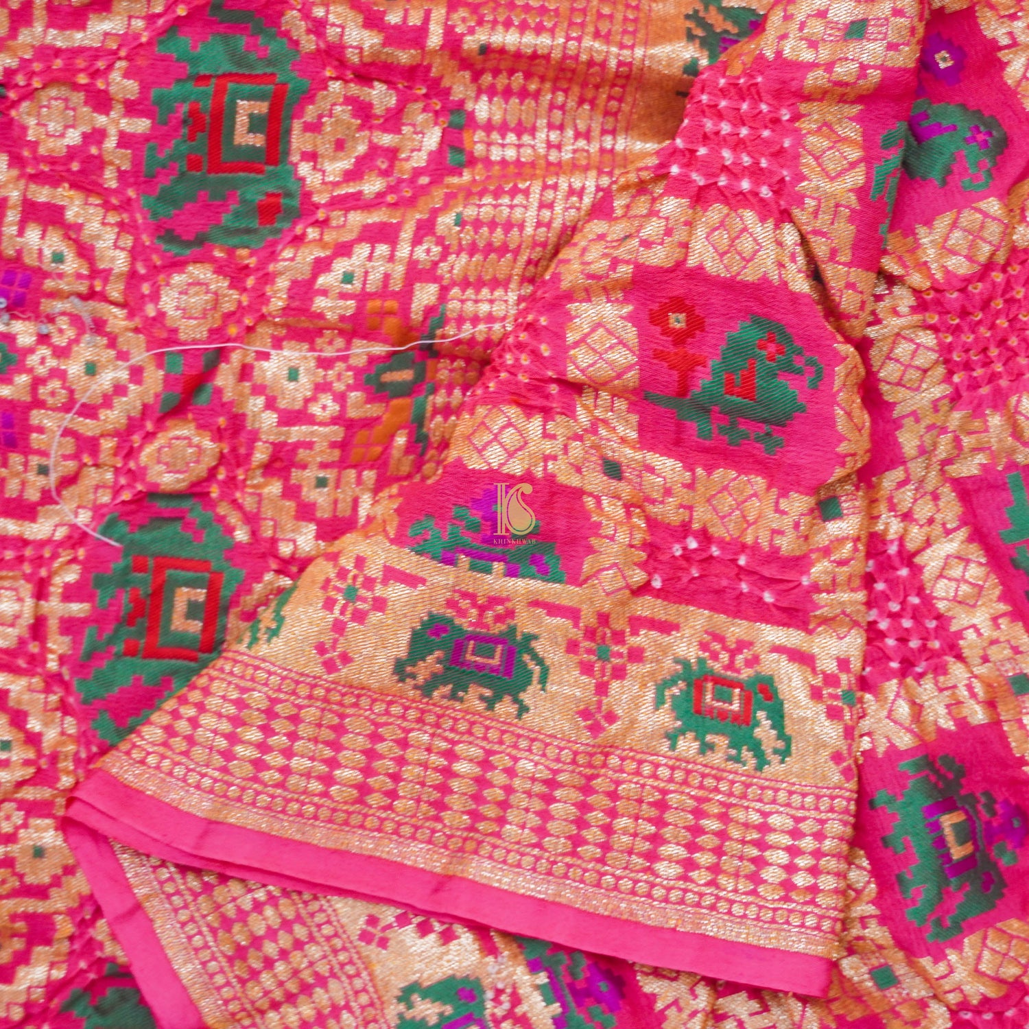 Pink Georgette Banarasi Bandhani Elephant &amp; Parrot Dupatta - Khinkhwab