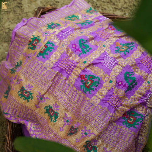 Purple Georgette Banarasi Bandhani Elephant & Parrot Dupatta - Khinkhwab