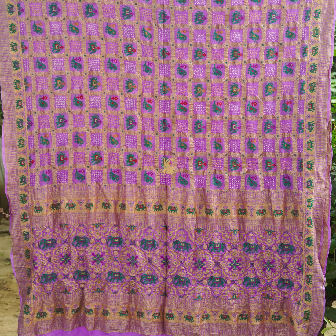 Purple Georgette Banarasi Bandhani Elephant & Parrot Dupatta - Khinkhwab