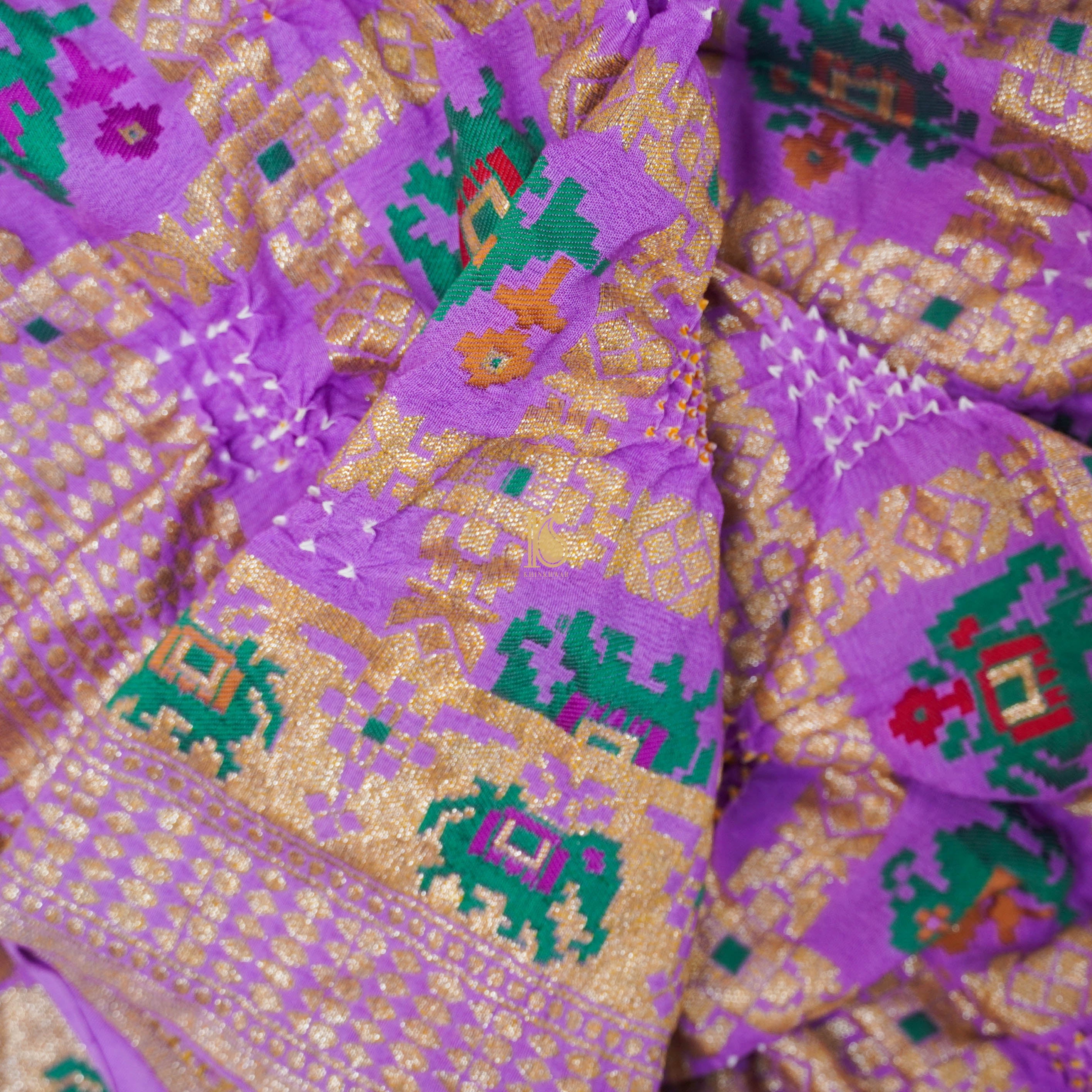 Purple Georgette Banarasi Bandhani Elephant &amp; Parrot Dupatta - Khinkhwab