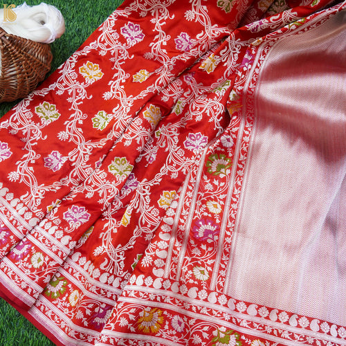 Red Handloom Katan Silk Banarasi Kadwa Jaal Saree - Khinkhwab