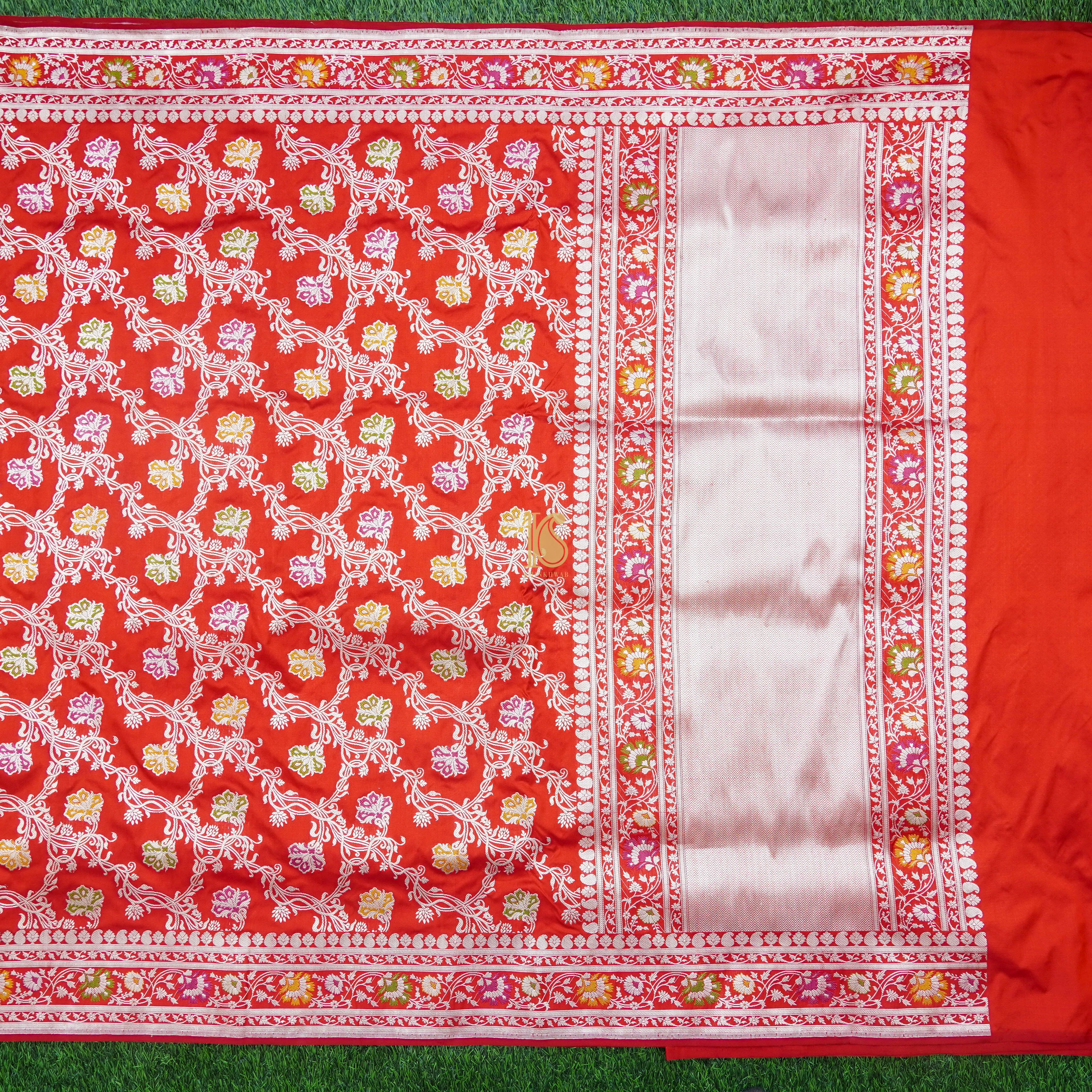 Red Handloom Katan Silk Banarasi Kadwa Jaal Saree - Khinkhwab