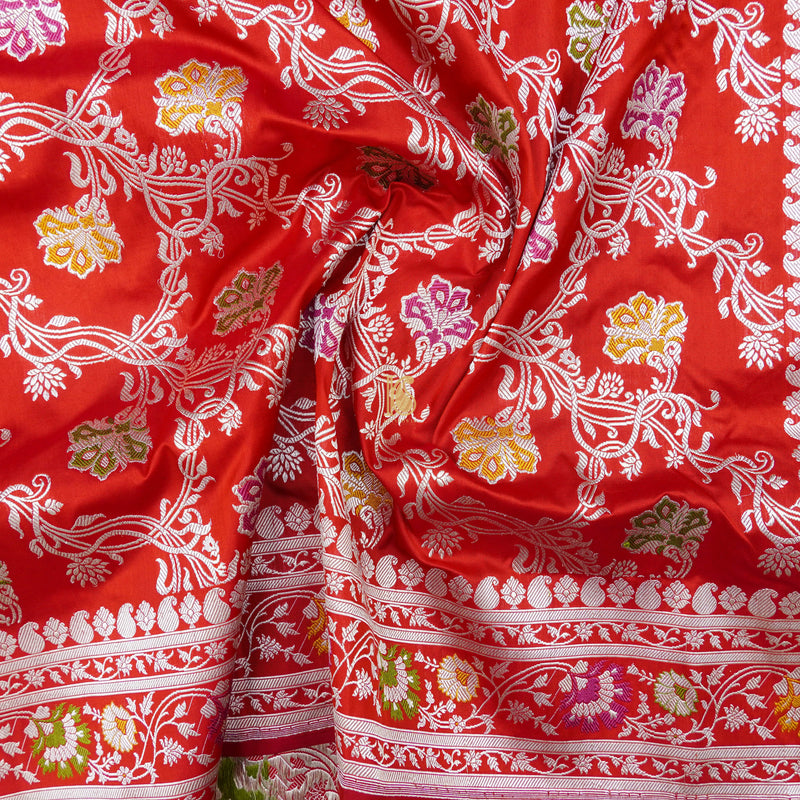 Red Handloom Katan Silk Banarasi Kadwa Jaal Saree - Khinkhwab