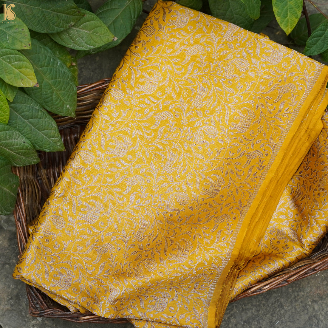 Yellow Pure Katan Silk Banarasi Shikargah Fabric - Khinkhwab