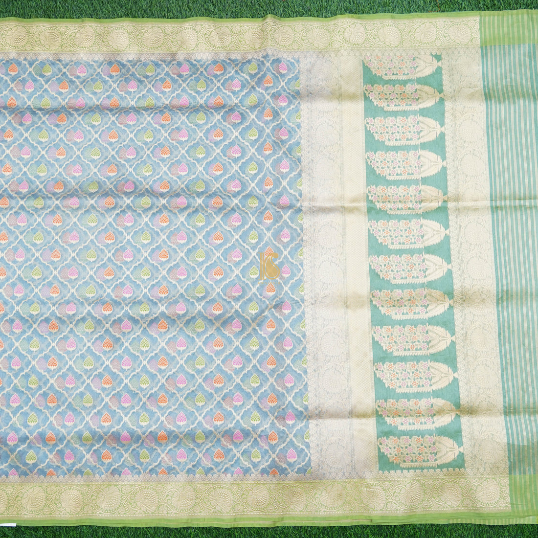 Baby Blue Pure Kora Handloom Banarasi Strawberry Saree - Khinkhwab