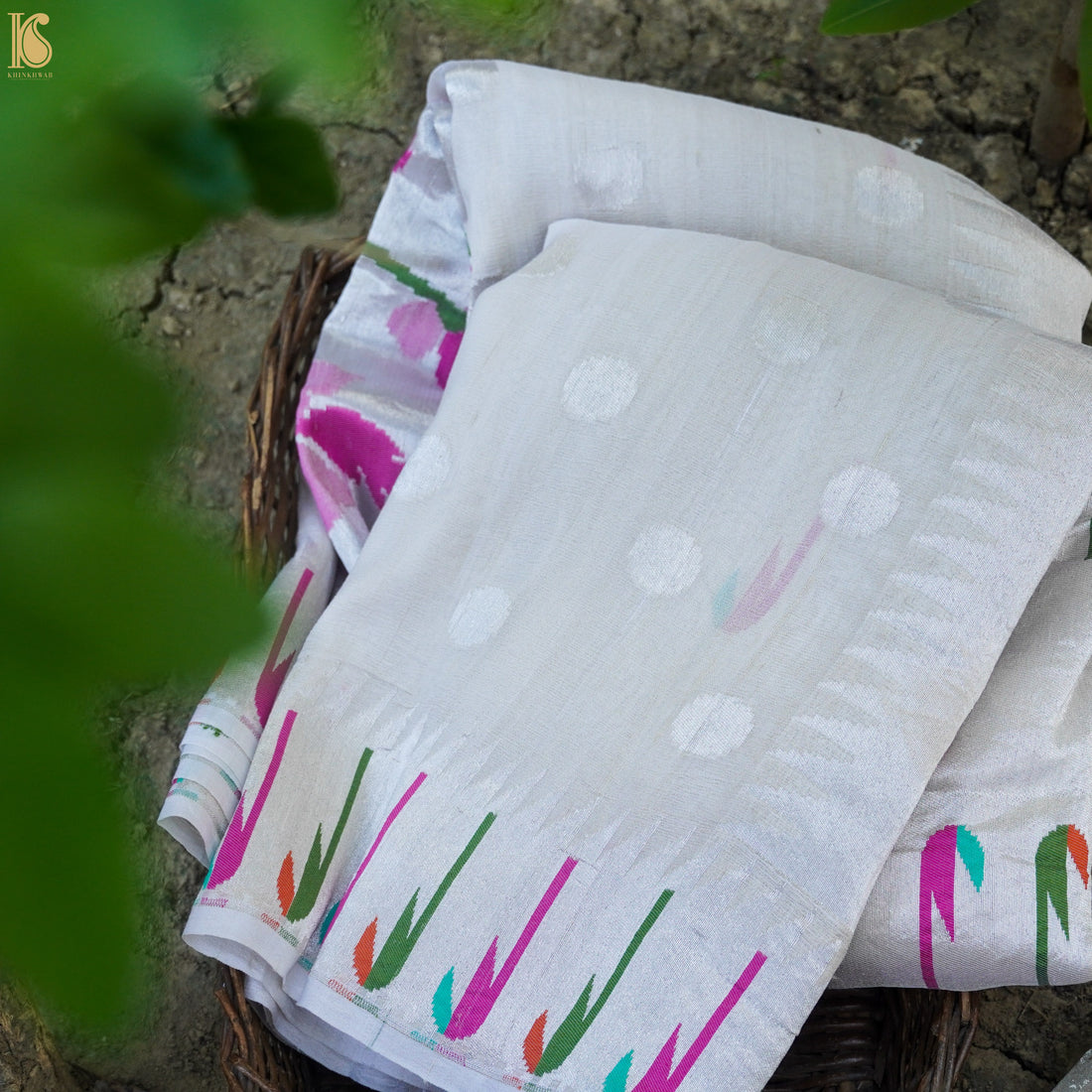 Handwoven - Tussar Silver Zari Muniya Border Banarasi Saree - Khinkhwab