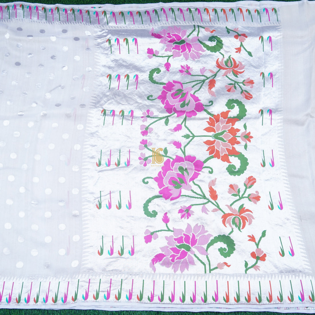 Handwoven - Tussar Silver Zari Muniya Border Banarasi Saree - Khinkhwab