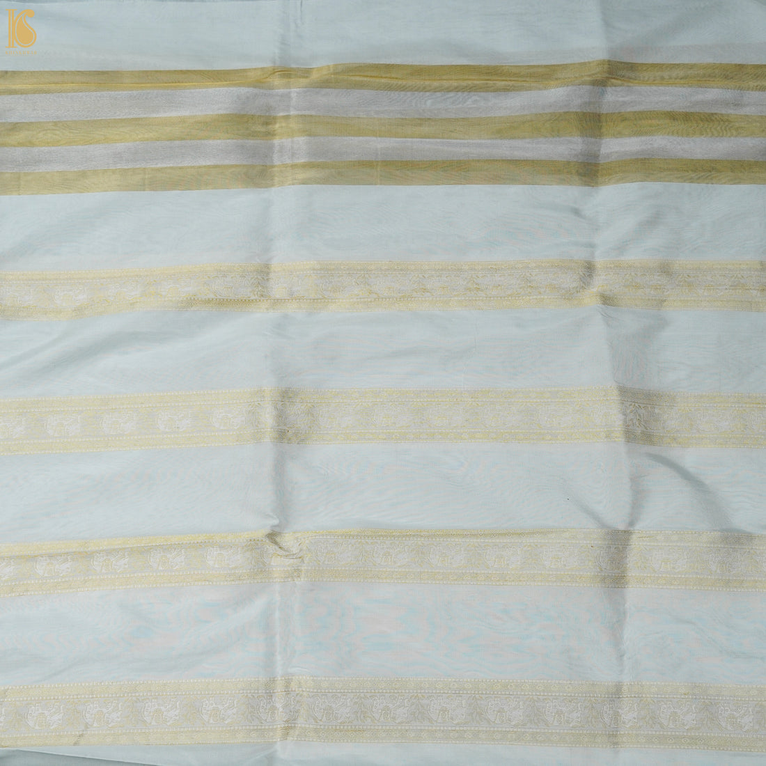 White Pure Katan Silk Banarasi Shikargah Stripes Fabric - Khinkhwab