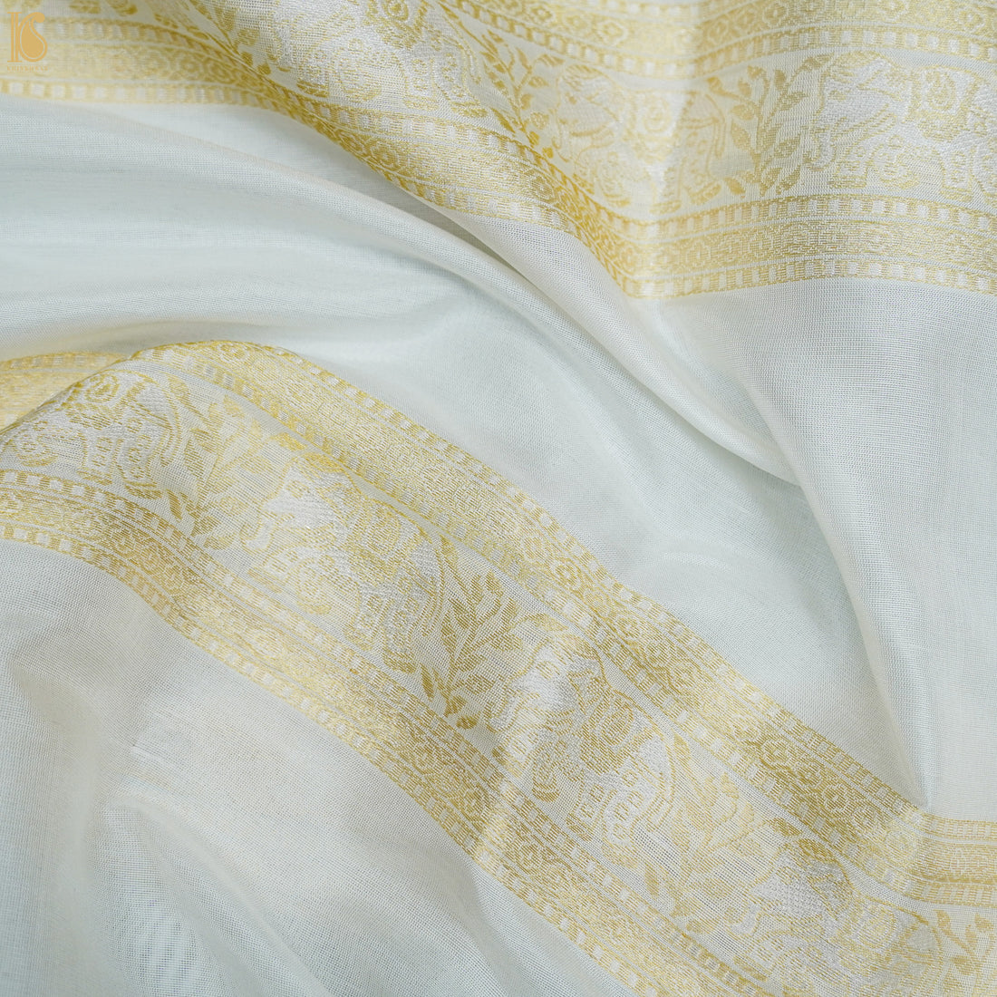 White Pure Katan Silk Banarasi Shikargah Stripes Fabric - Khinkhwab