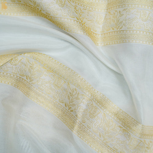 White Pure Katan Silk Banarasi Shikargah Stripes Fabric - Khinkhwab