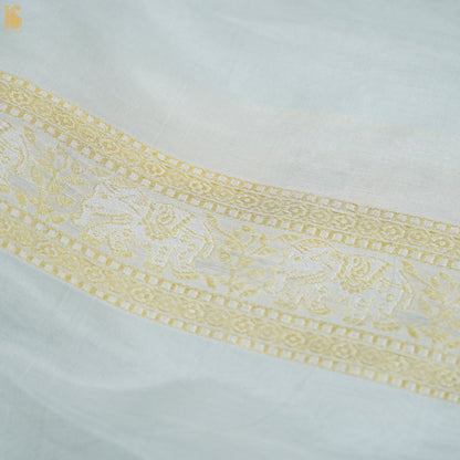 White Pure Katan Silk Banarasi Shikargah Stripes Fabric - Khinkhwab