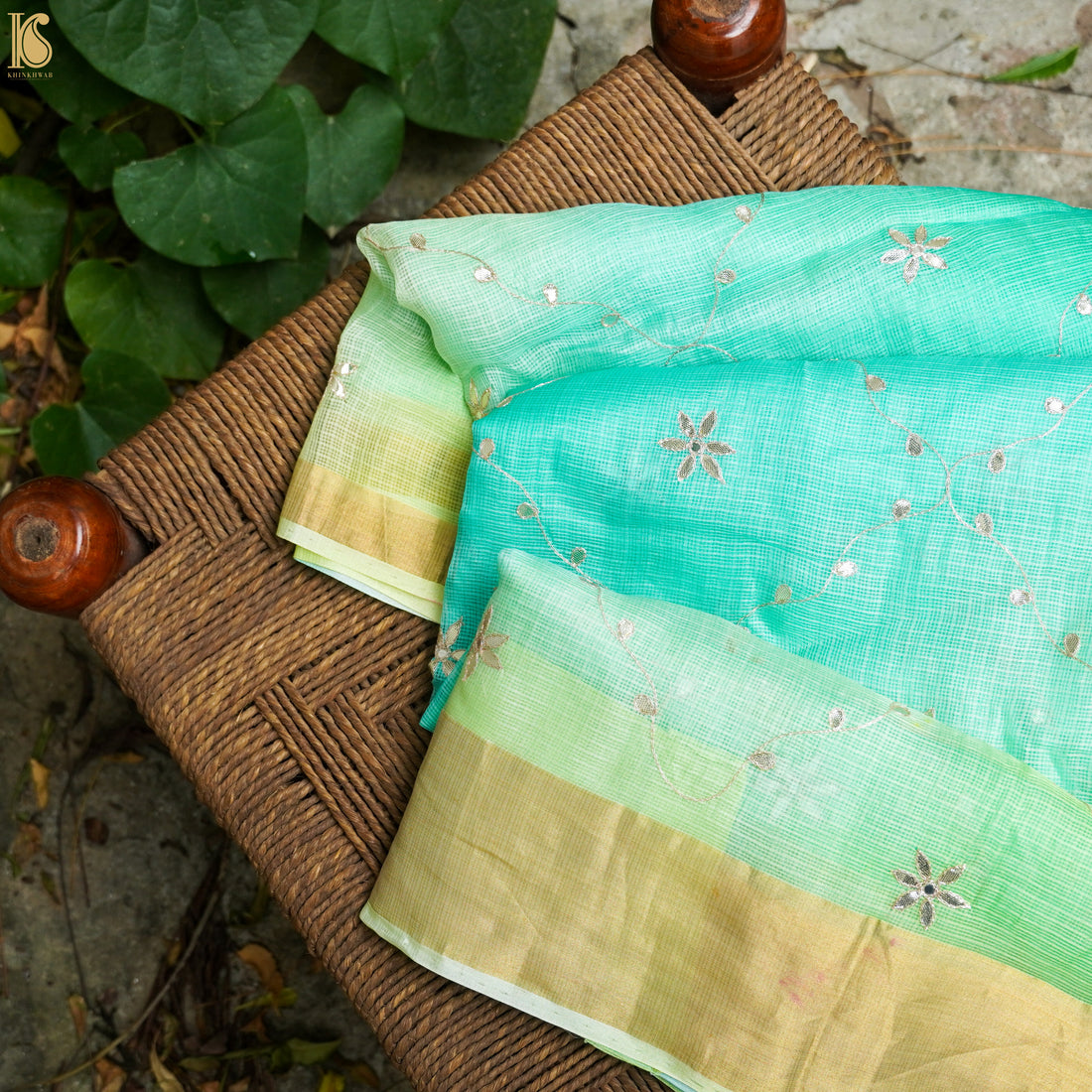 Turquoise Blue Handloom Pure Kota Silk Gotta Patti Saree - Khinkhwab