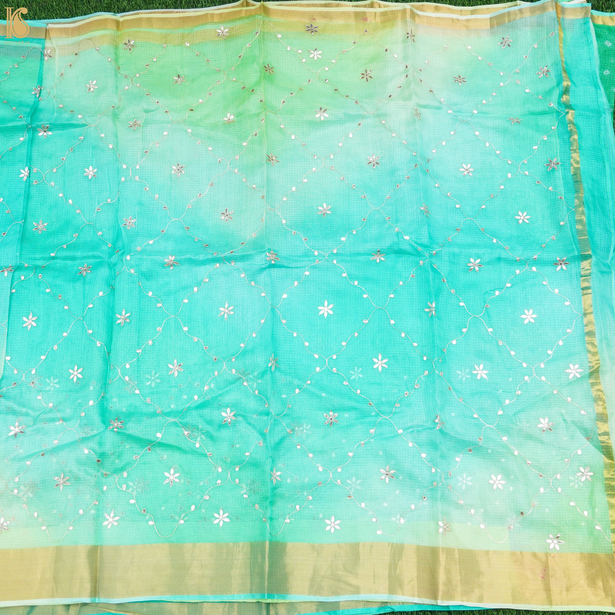 Turquoise Blue Handloom Pure Kota Silk Gotta Patti Saree - Khinkhwab